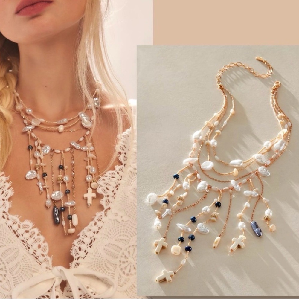 Free People Gold and White Multi-Strand Pearl Cross Necklace